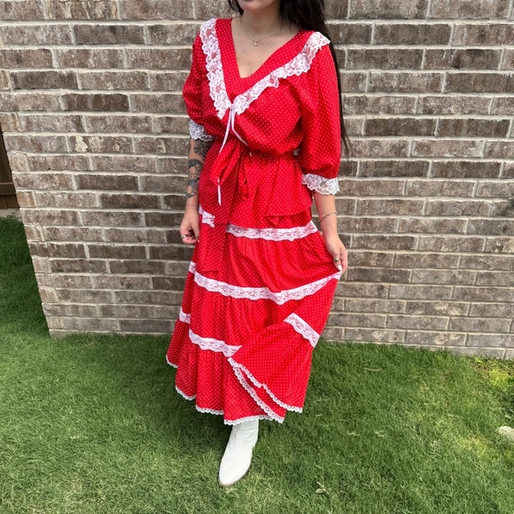 Pitchfork brand Dresses & Skirts - Vintage Pitchfork Brand Red Polka Dot Prairie Set – Lace Trim – L ❤️✨